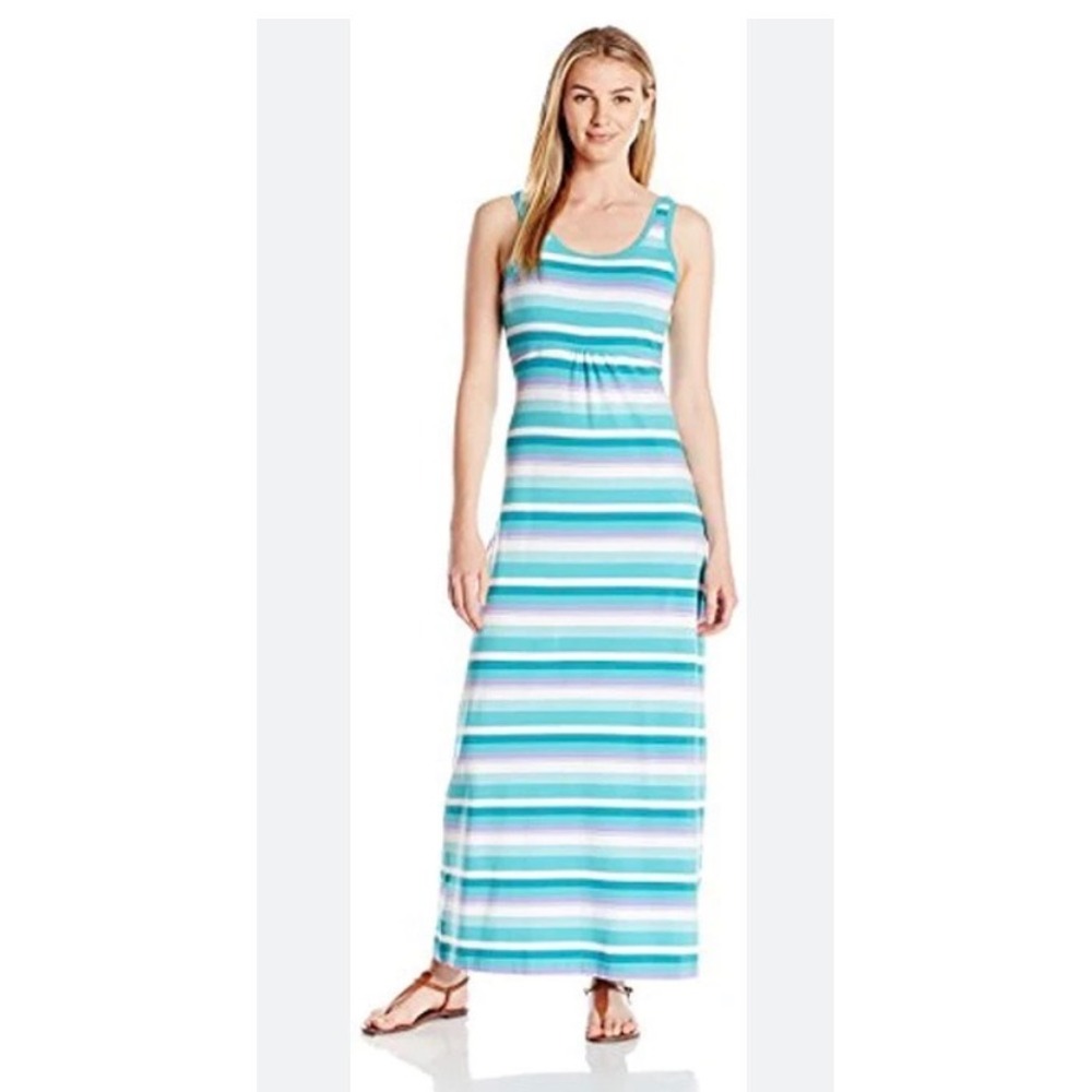 Columbia PFG Reel Beauty II Maxi Dress Womens Small Teal Blue Striped Omni-Wick